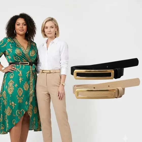 KIT 2 Cintos Finos Femininos da Moda Fivela Quadrada Cumprida Dourada Elegante Casual Lançamento 1.5cm - Luna
