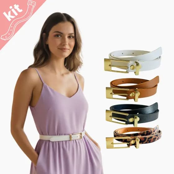 KIT 4 Cintos Feminino Fino 1.5cm larg Fivela Dourada com passador Moda Primavera Casual Estilo Blogueira- Maria