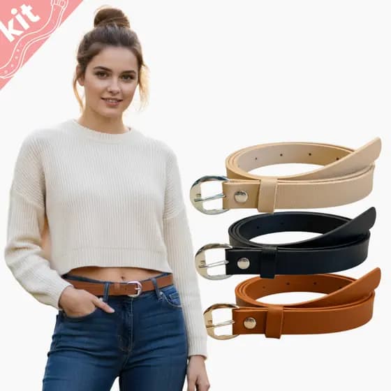 KIT 3 Cintos Femininos Fino 2cm Fivela Prata Moda Básica Elegante Casual Primavera - Regina