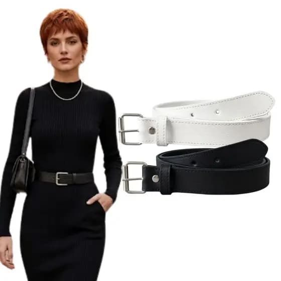 KIT 2 Cintos Femininos larg 3cm Casual Básico Poroso Ajustável Fivela Prata Rolete Tendencia - Leila