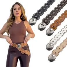 Cinto Largo Redondo Cinto Boho Feminino Vintage Prata Couro PU Oco Ocidental Cowboy Cinto Country Lançamento - Mandala