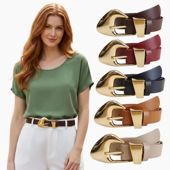 Cinto Feminino Fivela Organica Dourada Elegante Confortavel Couro Sintético Moda Plus Size 2.5cm - Lorena