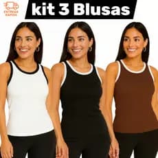Kit 3 blusa básica feminina regata canelada camiseta verão dia dia
