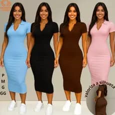 Vestido Midi Tubinho Gola Polo Canelado manguinha moda gringa envio rápido