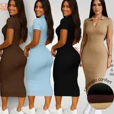 Vestido Midi Gola Polo Feminina Tubinho Manga Curta Canelado Básico Natal Entrega rápida