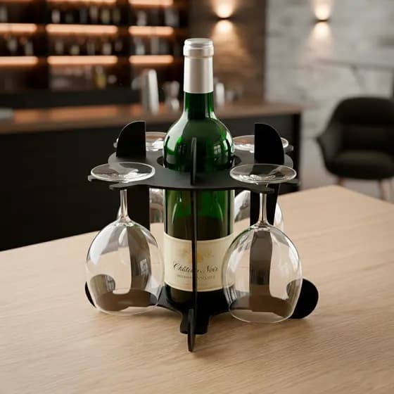 Adega de Mesa Porta Vinho Champanhe Licor cor Preta com Suporte 4 Taças Moderna MDF