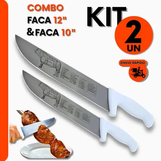 Combo Profissional Faca 10" + Faca 12" Cabo Branco Inox Para Açougueiros e Churrasqueiros e Cozinha