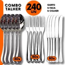 Kit 240 pçs -Talher Faca, Garfo e Colher Inox para Jantar Almoço Refeição em Bar Restaurante