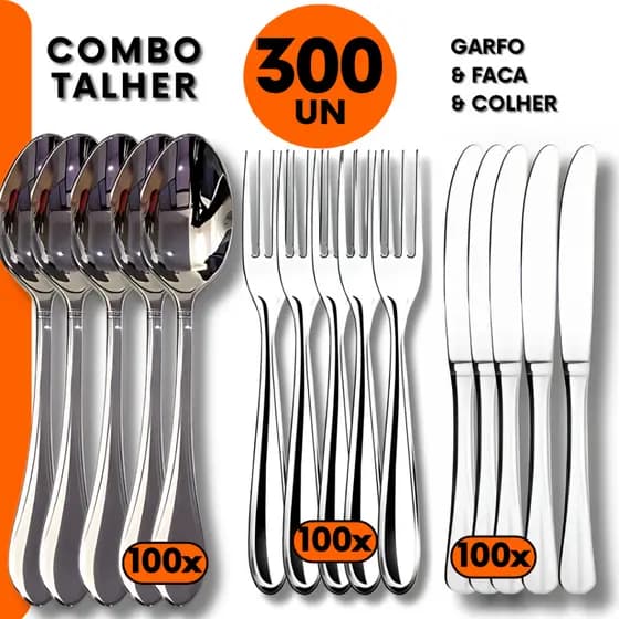 Kit 300 pçs -Talher Faca, Garfo e Colher Inox para Jantar Almoço Refeição em Bar Restaurante
