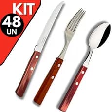 Kit Premium 48 Talheres, Garfos ,Facas e Colher Cabo de Madeira Inox para Churrasco, Bar, Restaurante e Churrascaria