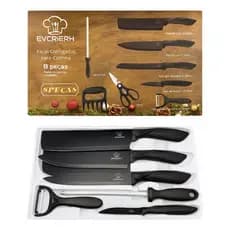 Kit Conjunto 8 peças Facas Cutelo Chaira Afiador Cozinha Churrasco Chef Aço Inox Preto
