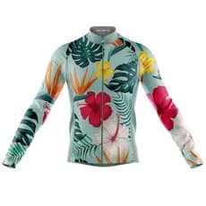 Camisa Ciclismo Folhas Tropicais Coleção Primavera Manga Longa Full Zíper Fitness Bike Mtb