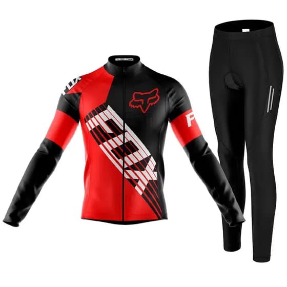 Kit Camisa Ciclismo Fox Longa Com Calça Bike Forro Espuma Bolso Uv