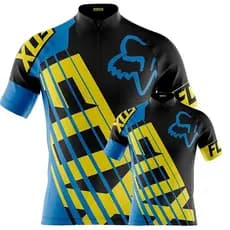 Conjunto Camiseta Fox Azul Pai E Filho Ciclismo Profissional Mtb