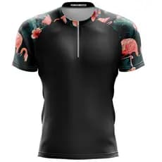 Camisa Ciclismo Floral Flamingo Curta Preta Unissex Bike Mtb Proteção UV