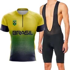 Kit Bretelle Forro Gel Ciclismo Camisa Brasil Manga Curta Dry Fit Mtb