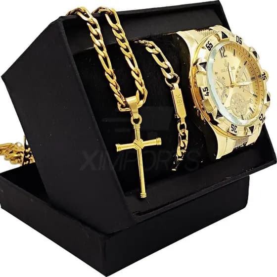 Relógio Masculino a Prova d água Relogio Masculino Original Relógio Masculino Dourado + Corrente Cruz Grumet S-CXS