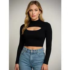 Cropped Top Feminino Com Recorte No Busto Gola Alta Manga Longa Moda Blogueira