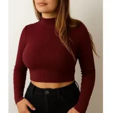 Cropped Manga Longa Gola Alta Canelado Moda Blogueira