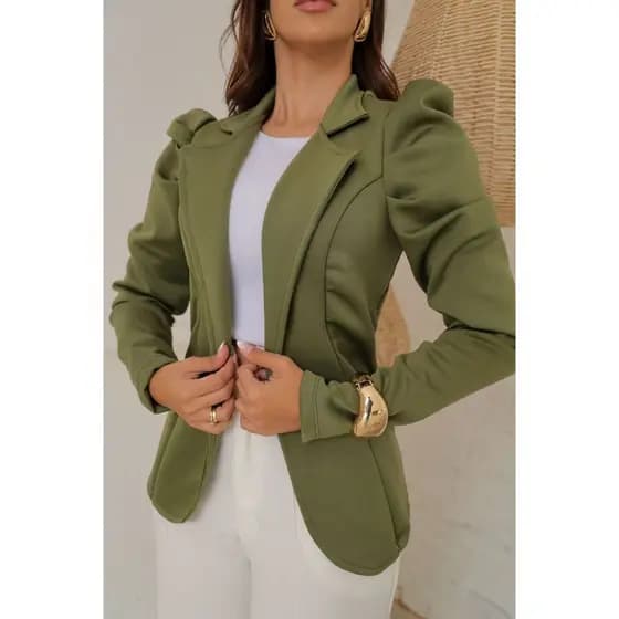 Blazer Alfaiataria Feminino Manga Bufante Moda Blogueira Elegante Casual