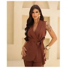 Colete Longo Alfaiataria Social Com Cinto Gola Xala Feminino Terninho Elegante Moda