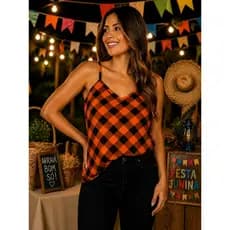 Blusa Xadrez Festa Junina Alça Fina Regulável Regata Gola V1 Crepe Blusinha Regatinha