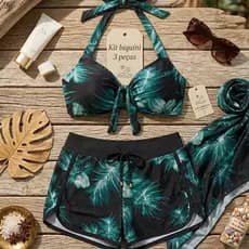 Conjunto 3 Peças Biquíni com Bojo e Forro + Short Feminino Moda Praia Plus Size M ao G2 Veste 36 ao 56