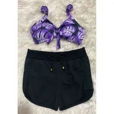 Conjunto Moda Praia Feminino 2 Peças - Cropped com Bojo Suplex + Short Saída de Praia Preto Liso Plus Size