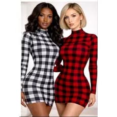 Vestido Xadrez Gola Alta Manga Longa Canelado Justo Modelador Curto Inverno Feminino