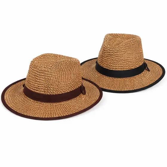 Kit 2 Chapéus Palha Country Fedora Palha Aba Larga Proteção Solar UV Praia Viagem Preto/Marrom