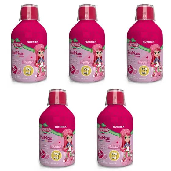 Kit 5 Vitaminas Infantis A a Z Polimais Moranguinho Sabor Morango 120ml