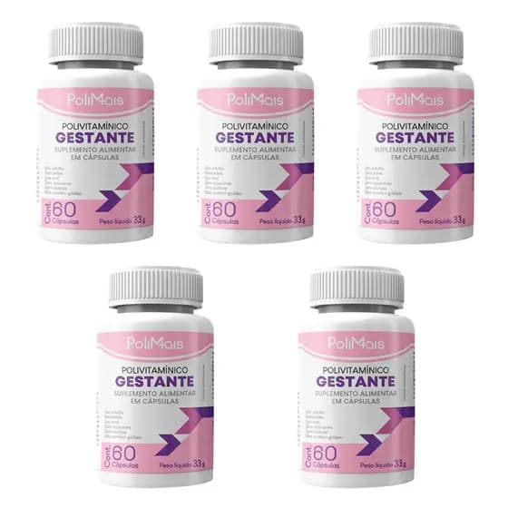 Kit 5 Polivitamínico Gestante PoliMais 300 Cápsulas – Rico em Ácido Fólico