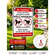 Kit 5 Placas Sinalização de Ambiente Monitorado Camera Segura Cachorro Xixi Coco Grama e Jardim