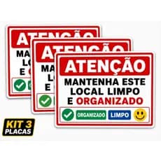 Kit 3 Placas Ambiente Limpo e Organizado Aviso para Empresas e Comércio