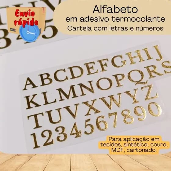 Alfabeto e números em adesivo termocolante dourado ou prata, opções de 36, 72 ou 108 unidades