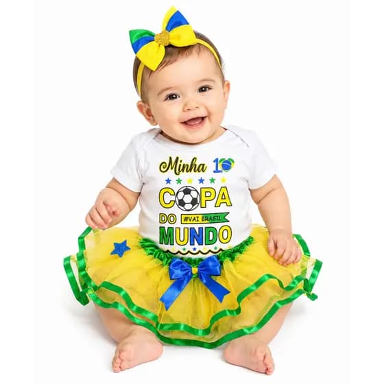 Body Bebê Brasil Minha Primeira Copa do Mundo Mesversário Menino Menina 100% Algodão Fantasia Copa Infantil