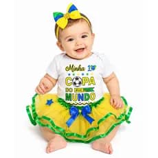 Body Bebê Brasil Minha Primeira Copa do Mundo Mesversário Menino Menina 100% Algodão Fantasia Copa Infantil