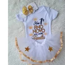 Kit Body bebê, vestido Temático Mêsversário  meu primeiro Ano novo com saia de tule + laço