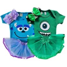 Body Bebê Temático Monstros S.A Fantasia Sullivan e Mike Infantil Menina Conjunto Body + Saia + Laço