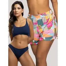 Biquíni Faixa Liso Calcinha Comum Bojo Removivel + Short Curto Estampado Tecido Proteção Solar Uv 50+