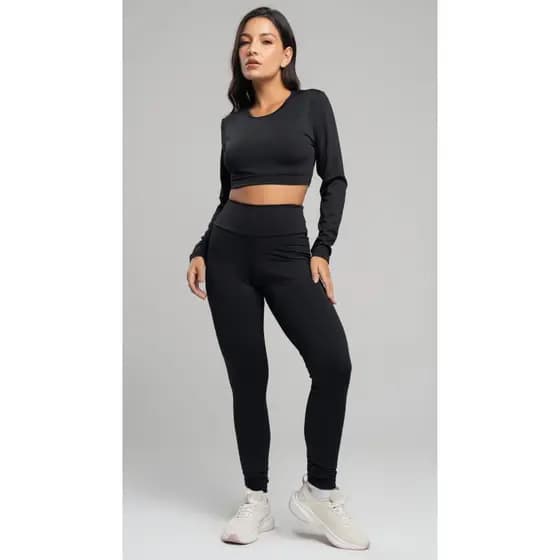 Conjunto Fitness Vicbela Calça Legging + Cropped Top Manda Longa Suplex Moda Fitness Academia