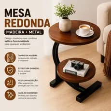 Mesa Canto Lateral Redonda 2 Andares para Sala Escritório Mesa de Centro Multiuso