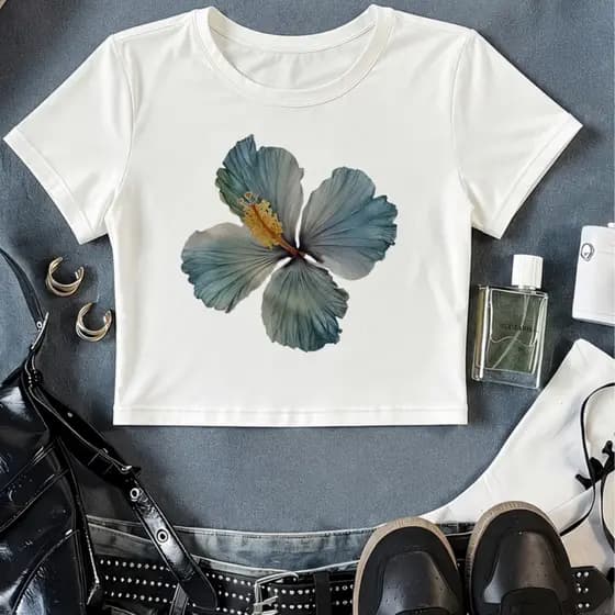 Cropped Baby Tee Feminino Algodão Estampa Floral Hibisco Modinha Azul Cinzento