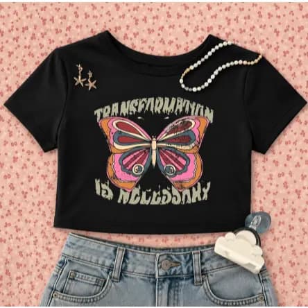 Baby Tee Feminina Butterfly Vintage Y2K Estética Tumblr Manga Curta Casual