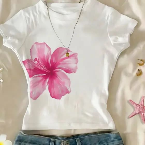 Cropped Slim Baby Tee Floral Lançamento Feminino Moda Algodão Tendencia