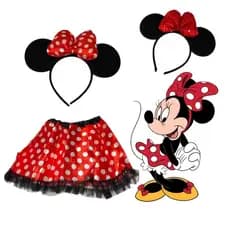 Kit Fantasia Minnie Saia Bolinha Arquinho Lantejoula Disney Cosplay Infantil Carnaval Festa Mickey Criança Menina