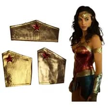 Fantasia Mulher Maravilha Wonder Woman Herói Heróina Tiara Bracelete Dourado Com Estrela Vermelha Cosplay Festa Carnaval