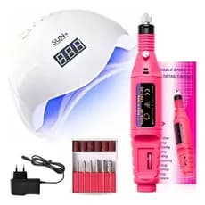 Kit Cabine Sun 5 LED UV 48W + Lixadeira Elétrica Bivolt Profissional Completo Alongamento Unhas