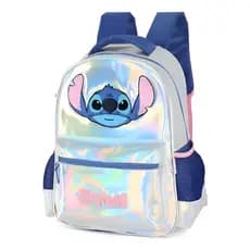 Mochila Stitch Holográfica Metalizada Porta Garrafa 2 Compartimento Zíper Alça Regulagem Criança