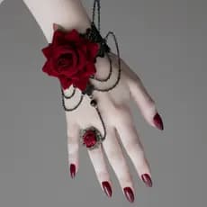 Pulseira Anel Renda Rosa Flor Vermelha Gótica Vitoriana| Acessório Gótico Retro Feminino Festa e Fantasia